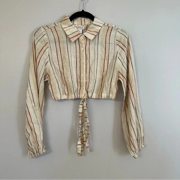 L Space Play It Cool Top Cropped Long Sleeve with tie Cream Striped Sz XS NWT - Picture 2 of 8